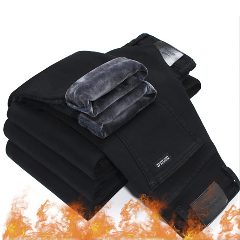 Модные зимние джинсы мужские черные облегающие эластичные плотные бархатные