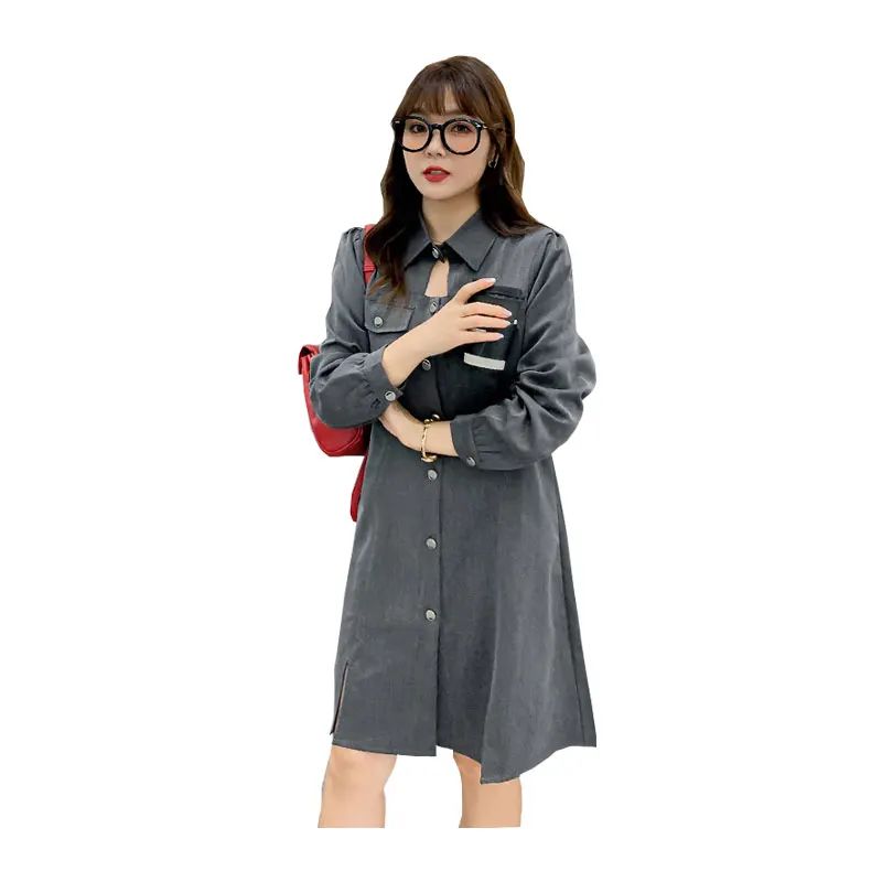 

Женское осеннее платье с отворотом и карманами на пуговицах, однотонное платье размера плюс, Повседневное платье длиной до колена, 100 кг, мож...