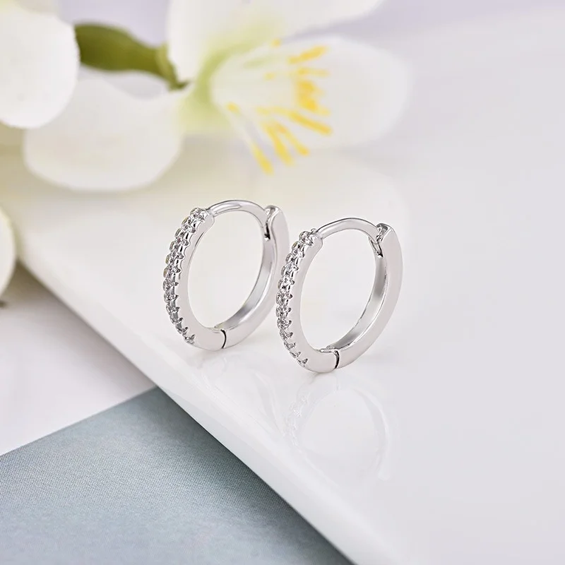 

925 Sterling Silver Simple Single Row Zircon Hoop Earrings for Women Brincos Oorbellen Pendientes