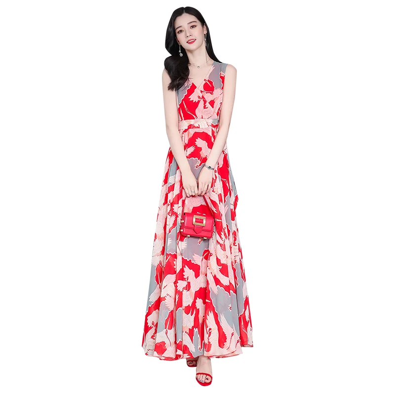 

Summer Maxi Sleeveless Dress Fashion Women Red Print Sexy V-neck Thin Chiffon Boho Tropical Party Elegant Runway Dresses Vestido