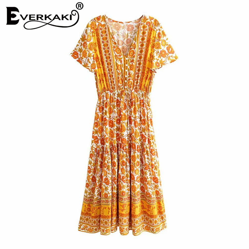 

Everkaki Bohemian Floral Print Long Dresses Women Orange Ladies Boho Oversized Summer Vestidos Beach Midi Dress Female 2021 New