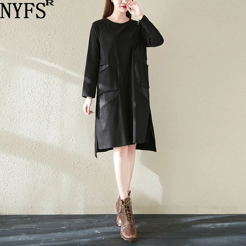 

Женское Хлопковое платье с длинным рукавом NYFS, черное платье с длинным рукавом, для весны, 2022