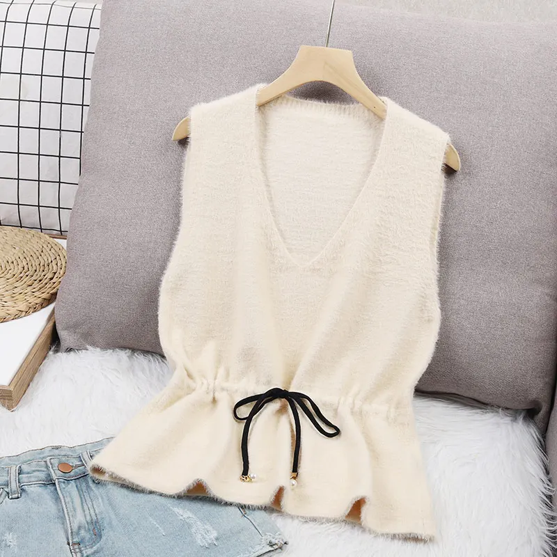 Жилет женский из искусственного меха норки с V-образным вырезом на осень - купить