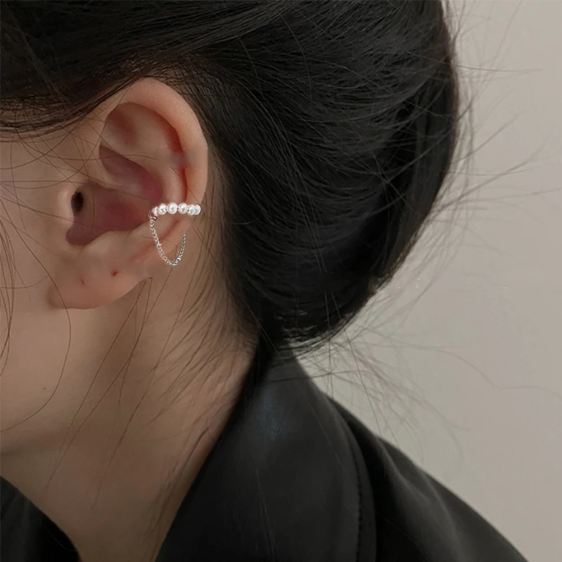 

17KM корейские жемчужные серьги-каффы для ушей серебряного цвета на цепочке, клипсы для женщин и девушек, поддельные клипсы для хряща, подароч...