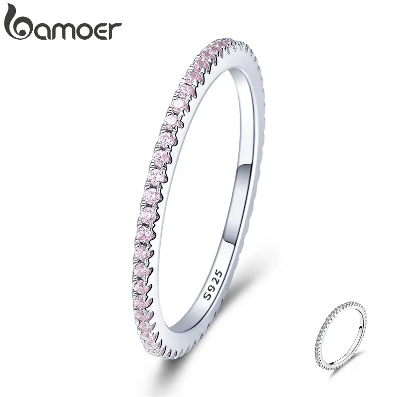 BAMOER, 925 пробы, серебро, розовый кристалл, свадебные женские кольца для женщин, простое геометрическое кольцо, Стерлинговое серебро, ювелирные изделия SCR066