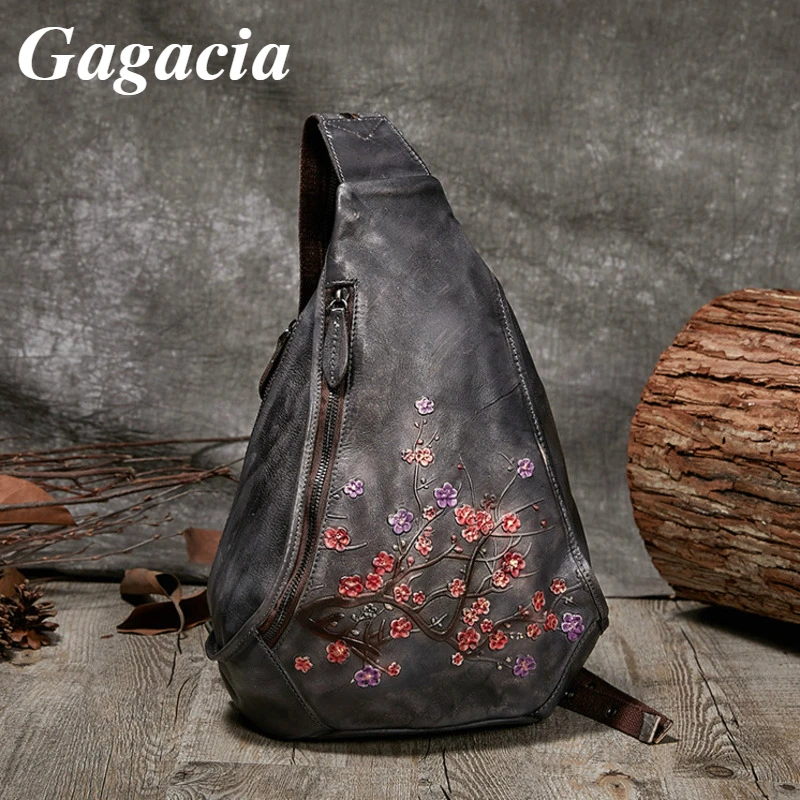 GAGACIA 2023 New Handmade Embossed Floral Women's Retro Chest Bag Lady Genuine Cowhide Leather Crossbody Bags For Women Backpack