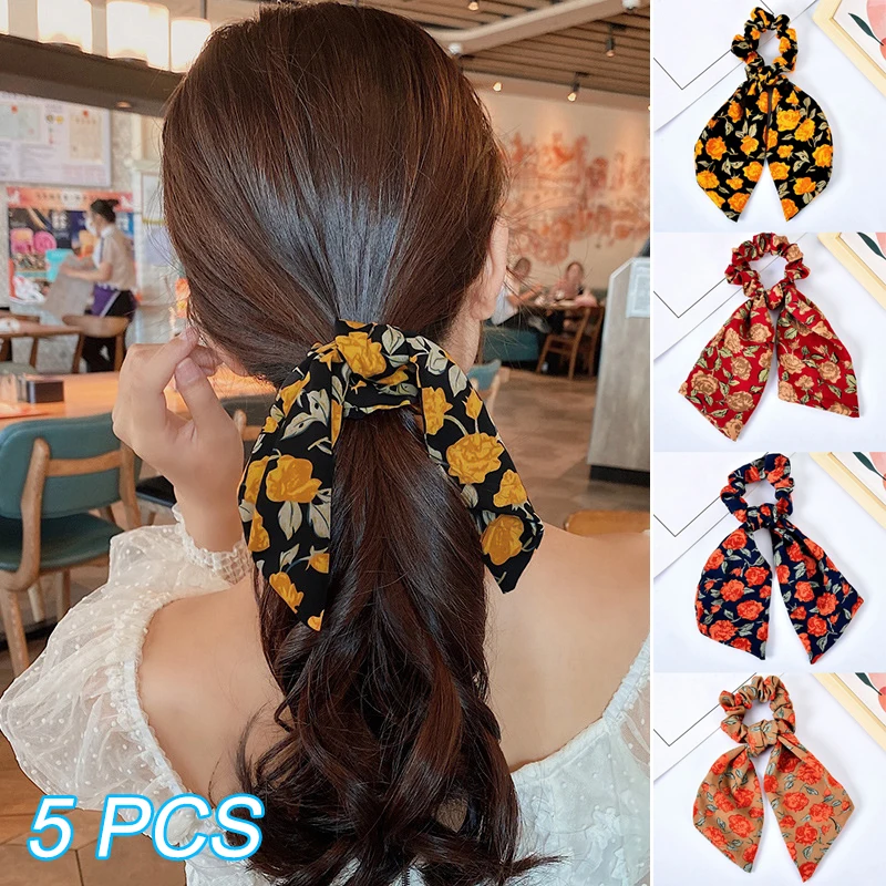 

5pcs Hair Scrunchies Scarves Vintage Floral Hair Ribbon Tail Ponytail Flower Pattern Long Bow Knotted Hair Band SANA889