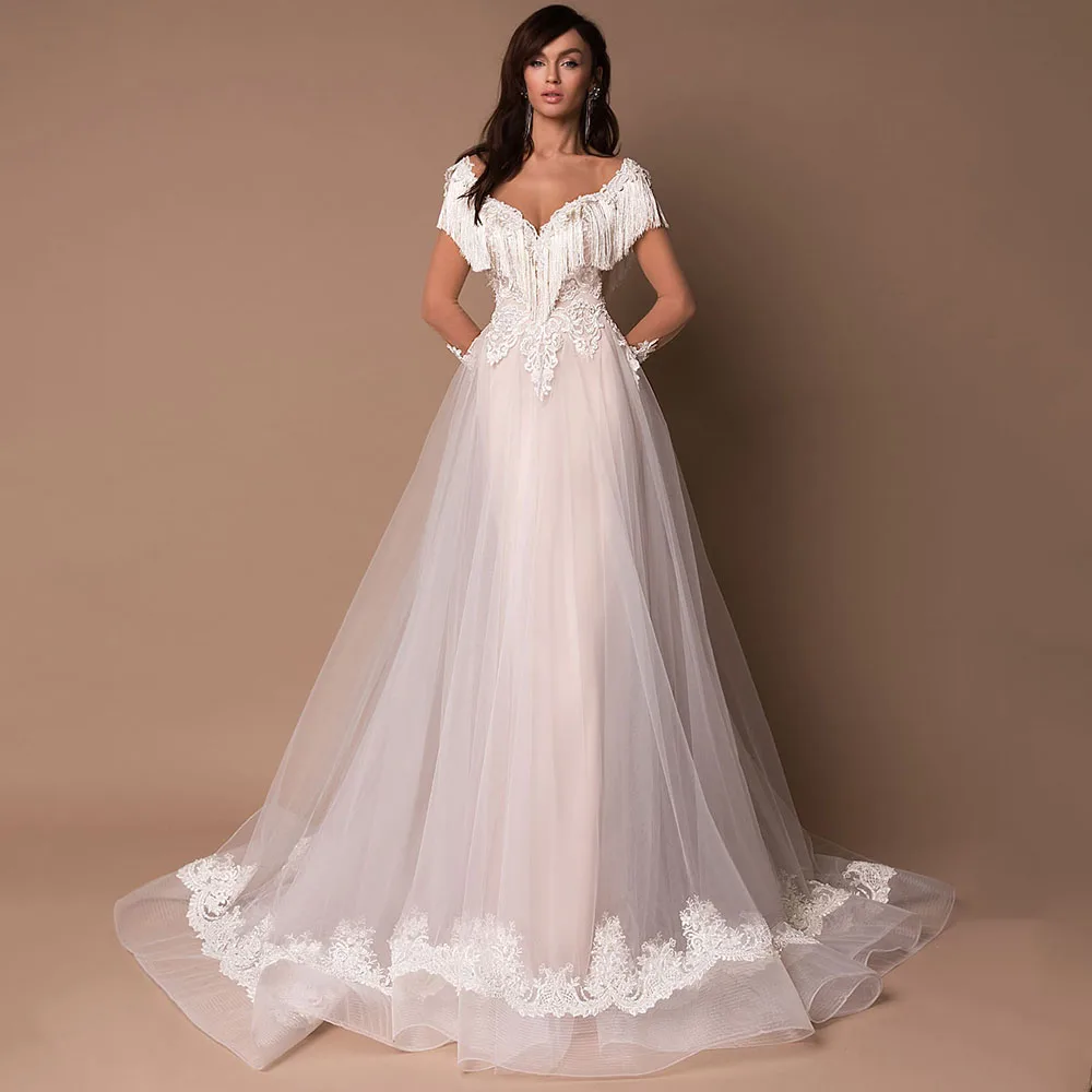 

Простое белое свадебное платье с V-образным вырезом и Боковым Разрезом для невесты 2021 A-силуэт кружевные аппликации со шлейфом на пуговицах ...