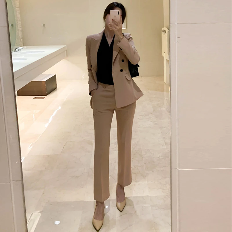 

Women 2022 Autumn Winter New 2 Piece Sets Female Solid Color Blazer Jackets and High Waist Trousers Ladies Office Wear Suits J41