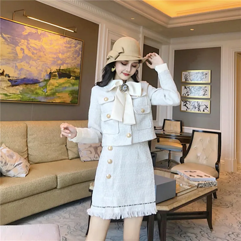 Picture color Женский осенне-зимний твидовый Женский комплект 2 шт. с бриллиантами и бантом, однобортный твидовый пиджак+ короткая юбка-карандаш с кисточками - Цвет: Picture color