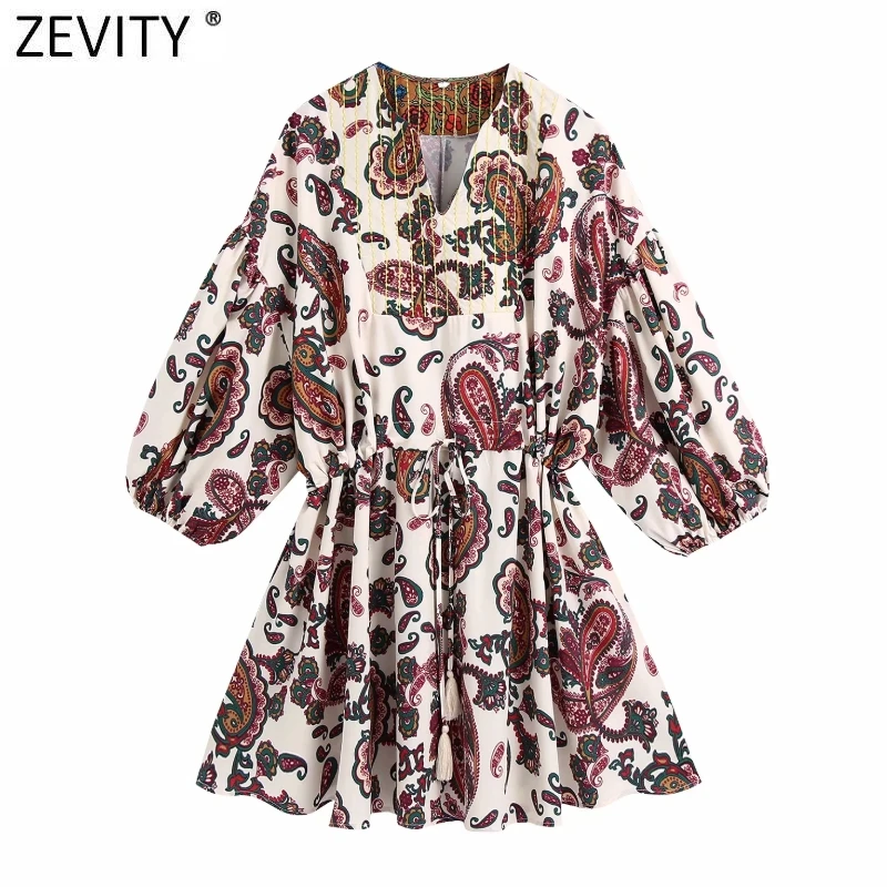 

Zevity Women Vintage V Neck Paisley Print Lace Up Waist Shirt Dress Female Chic Retro Totem Floral Casual Court Vestidos DS8341