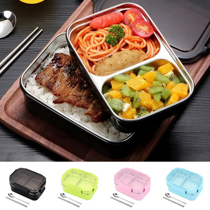2 слоя Ланч бокс из нержавеющей стали Bento коробки с Sppon палочки для еды