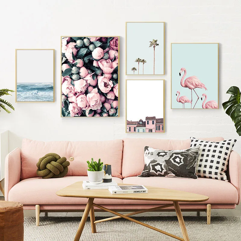 Скандинавский цветок фламинго холст постер пейзаж настенный художественный