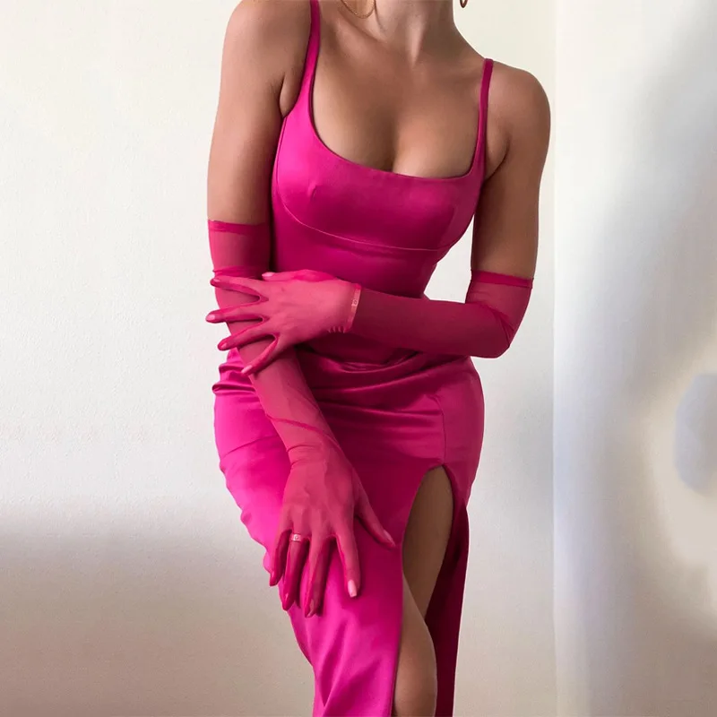 

BKLD Clothes For Women 2021 New Autumn And Winter Fashion Sexy Corset Split Spaghetti Strap Bodycon Satin Dress With Mesh Gloves