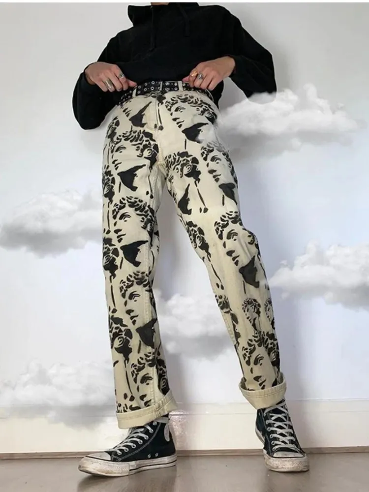 

New Statuary Printed Loose Straight Jeans Men Denim Biker CasualPants Hip Hop Artistic Tie-Dye Fashion Khaki Straight-Leg Pants