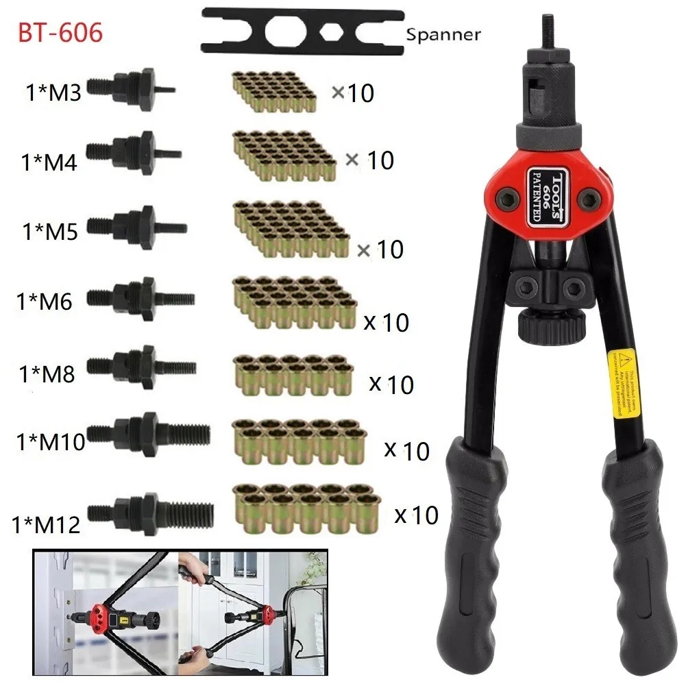 

BT606 Riveter Gun Tool Hand Insert Rivet Nut Tool M3 M4 M5 M6 M8 M12 Manual Rivet Machine Professional BT-606 Rivet Repair Set