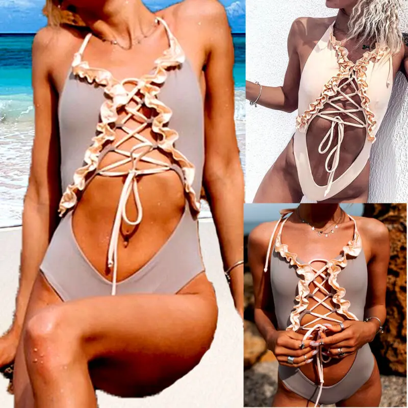 Сексуальный женский кружевной лоскутный бандаж выдалбливающий цельный бикини