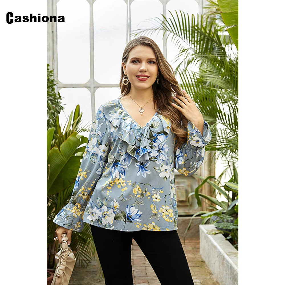 Cashiona 2021 Summer New Tees Shirt Large Size 3xl Women's Top Long Sleeve T-shirt Classic Flower Print Shirt Casual Pullovers