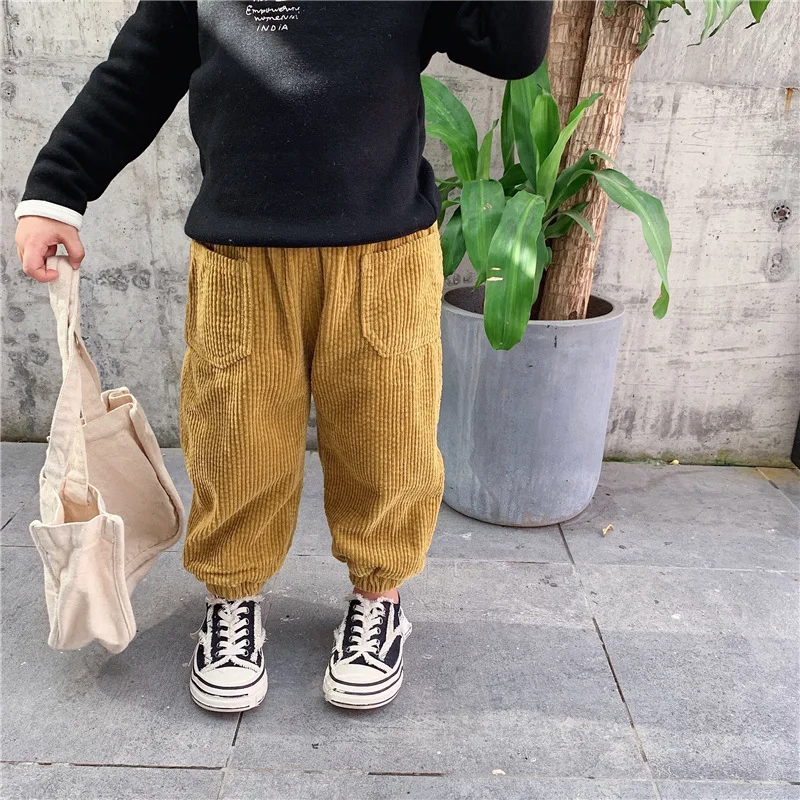 Зимние Детские утепленные вельветовые брюки с резинками на щиколотках для