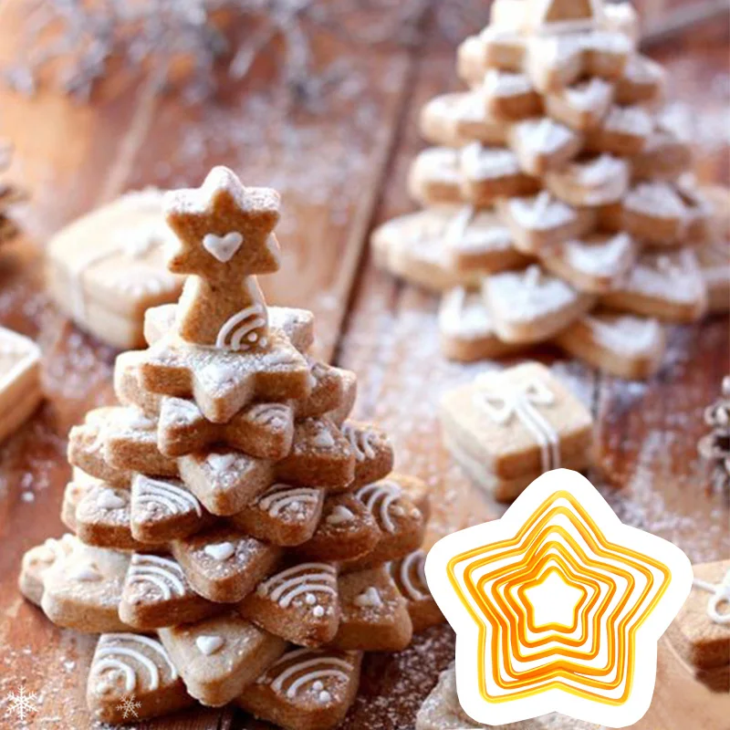

6pcs Set Christmas Tree Cookie Cutter Mold Stars Shape Fondant Cake Biscuit Cutter Moulds 3D Cake Decorating Tools Baking Moulds