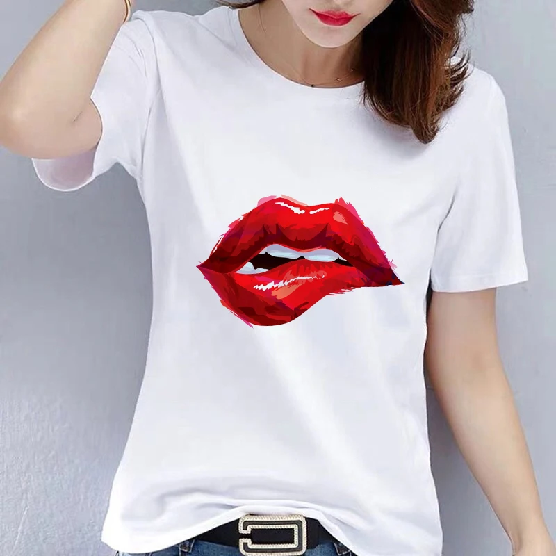 

New Summer Tops Tees sexy Red Mouth Lip Kiss Printed Women Funny Graphic Tee Shirt Femme Vogue Harajuku T Shirt CN(Origin)