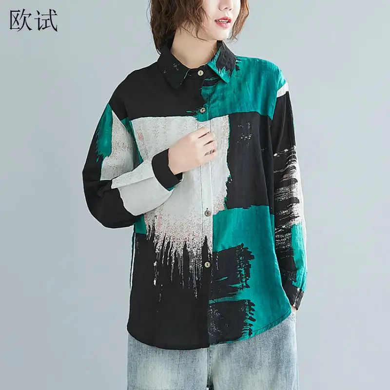 Женская хлопковая льняная блузка с длинным рукавом размера плюс повседневные