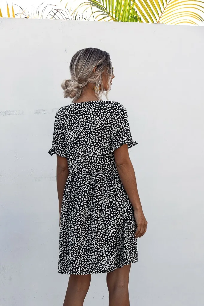 

Spring Summer Party Polka Dot Printing Dress Bohemian Beach Casual V Neck Pocket Shirt Dress Fashion Women Short Sleeve Dresses