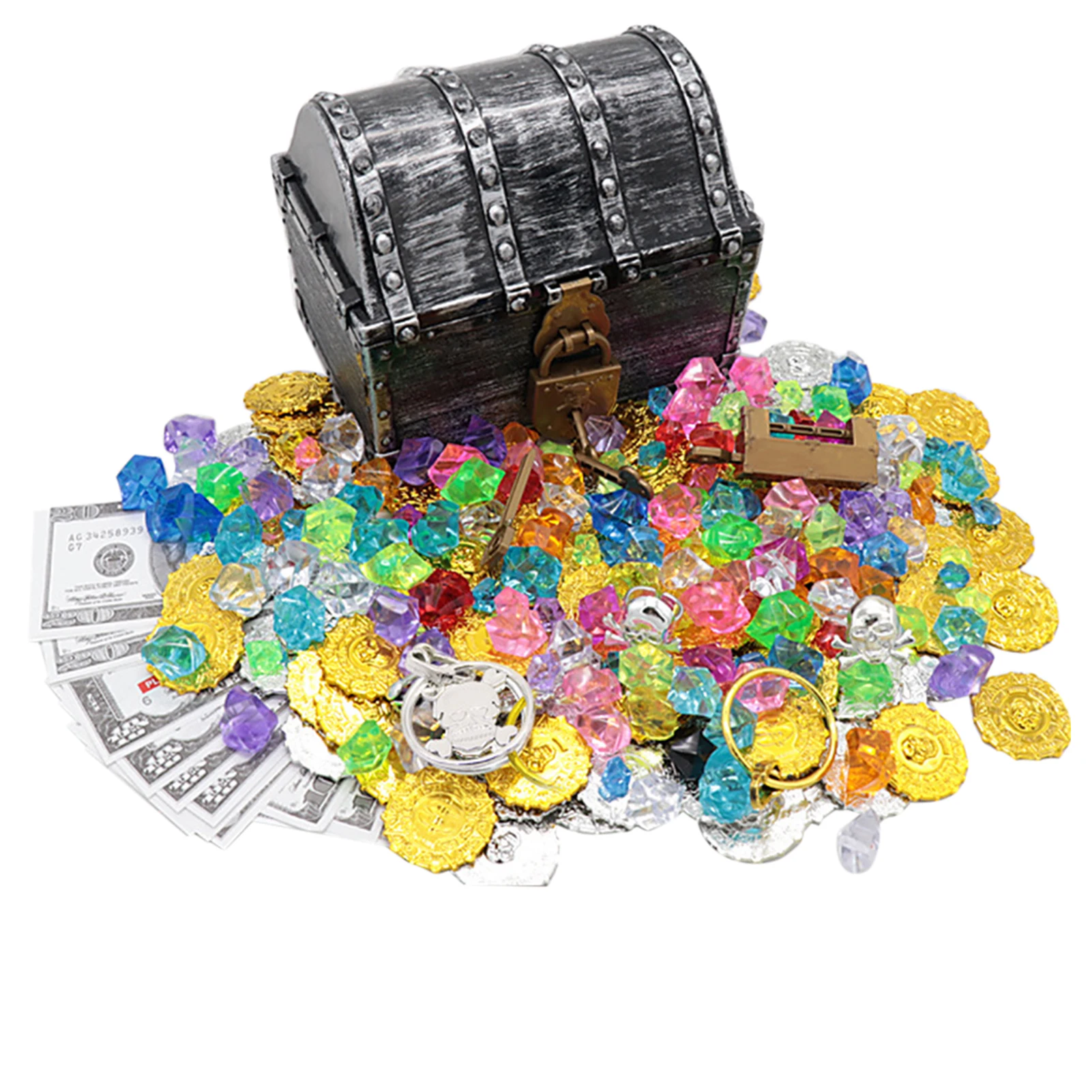 

Jewelry Antique Gift Trinket Pirate Treasure Chest With Lock Playset Props Rings Earrings Gold Coins Gems Party Favors Kids Toy