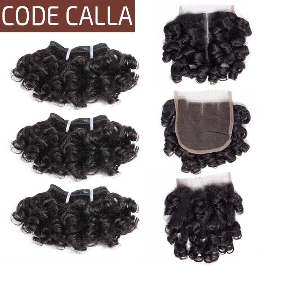 Indian Short Bouncy Curly Hair Bundles with Closure Remy Human Hair Extensions Code Calla 4x4 KIM K Lace Closure Middle Part