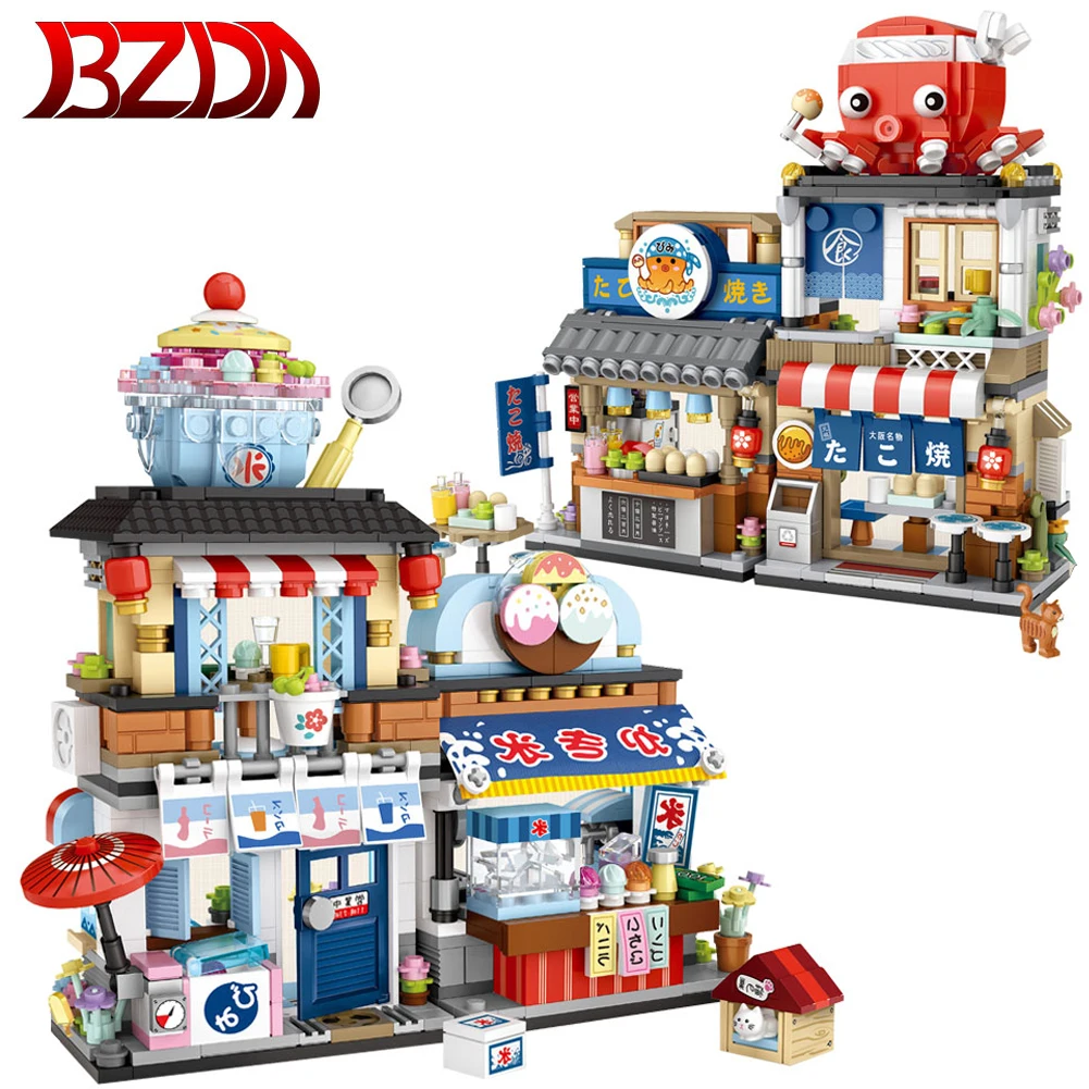 

BZDA City Mini Street View Bricks Japanese Food Takoyaki Shaved Ice Shop Building Blocks Figures Bricks Toys For Children Gifts