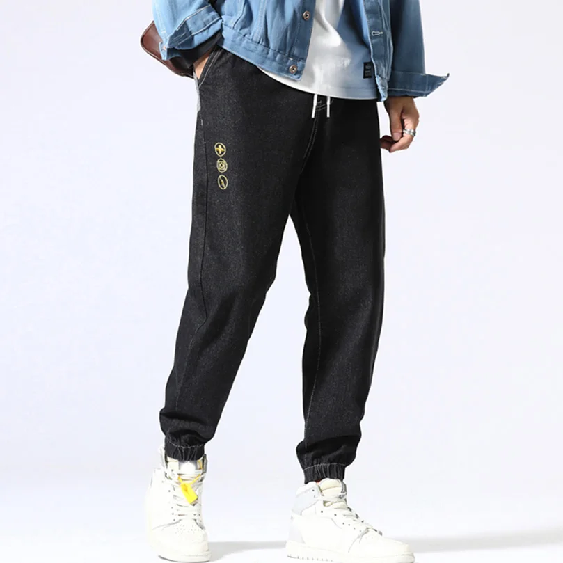 

Oversize Baggy Jeans Men Embroidery Loose Harem Pants Drawstring Denim Trousers Patchwork Trouser 2021 Autumn Plus Size 5XL