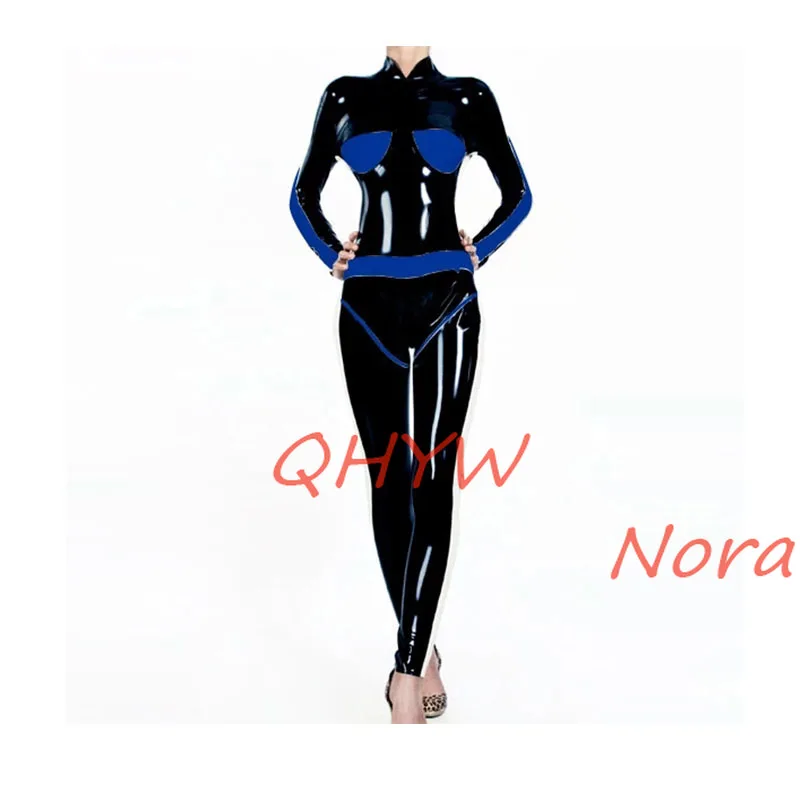 

Latex Catsuit Black with Blue Bodysuit with Back Zipper Size XXS-XXL for Women
