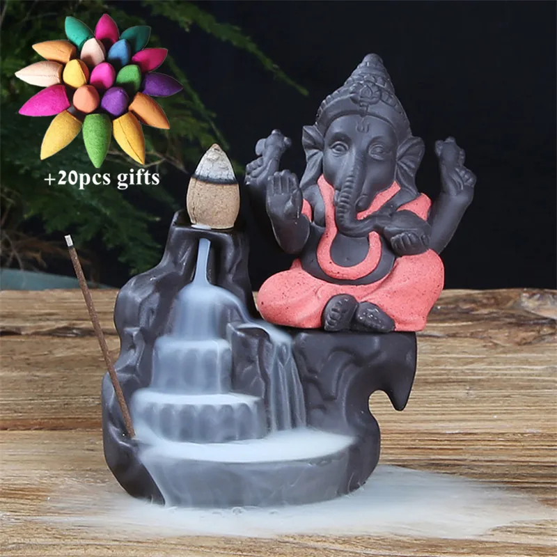 Red-A Керамический Бог слон Ganesha курильница для благовоний горелка Индия водопад курильница подставка для ароматических палочек домашний декор+ 20 шт Бесплатные конусы - Цвет: Red-A