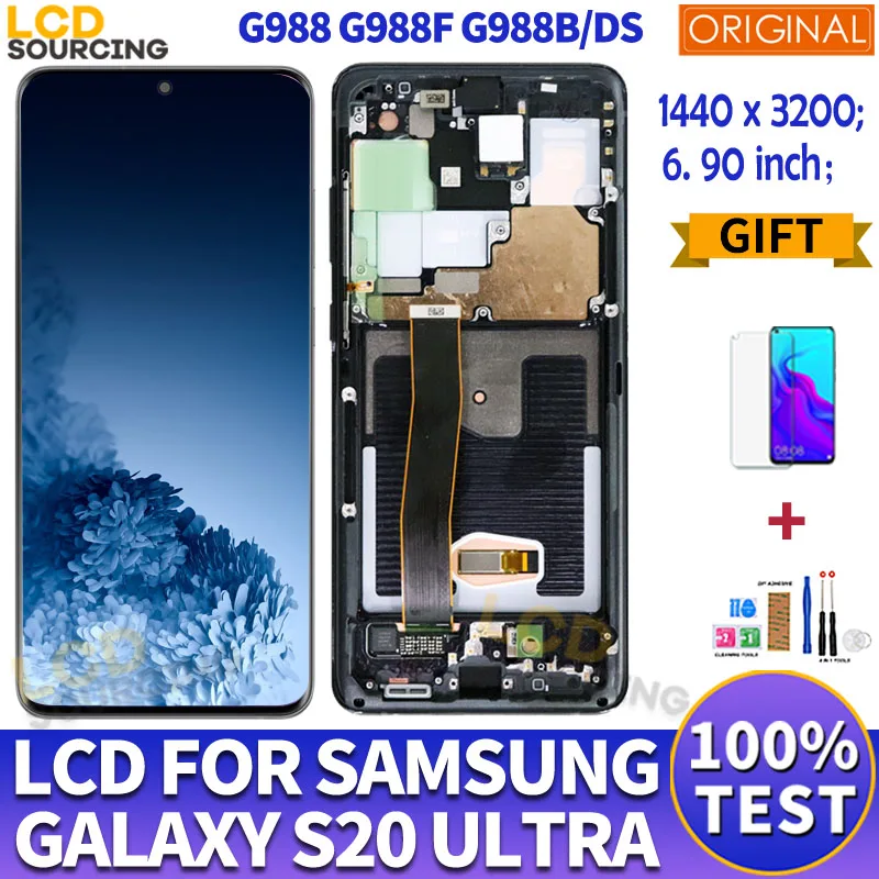 

ЖК-дисплей 6,9 дюйма AMOLED для Samsung Galaxy S20 Ultra, G988, G988F, G988B/DS, сенсорная панель в сборе для Samsung S20Ultra, Замена ЖК-дисплея