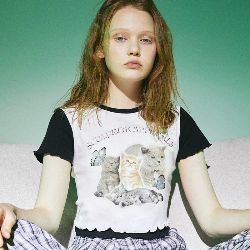 

2020 Summer New Fashion Personalized Animal Cute Cat Butterfly Print with Ear Edge and High Waist Short Fit T-shirt for Women