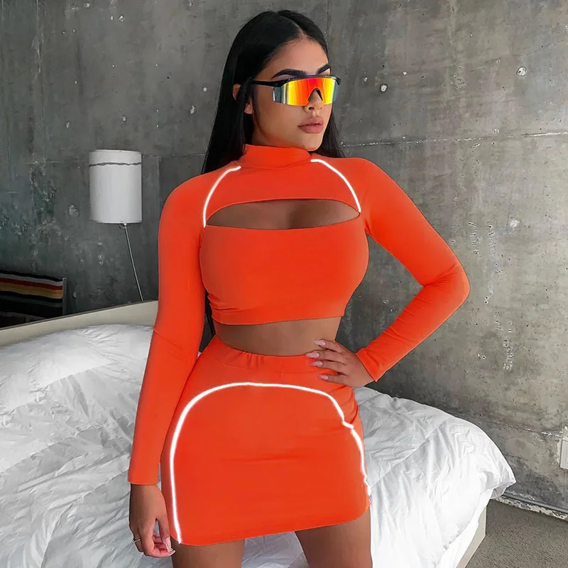 Ropa De Mujer 2020 Reflective Striped Neon Two Piece Skirt Set Sexy Club Women Matching Sets Festival Clothing |
