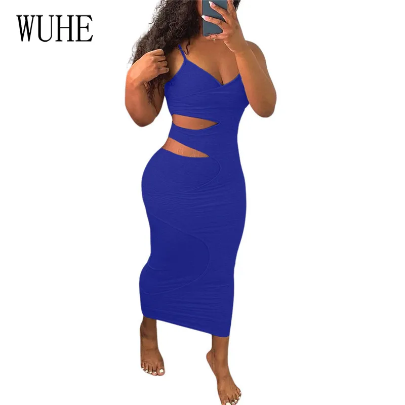 

WUHE Spaghetti Strap Skinny Dress Off Shoulder Sleeveless Hollow Out Sexy Summer Nightclub Party Casual Streetwear Bodycon