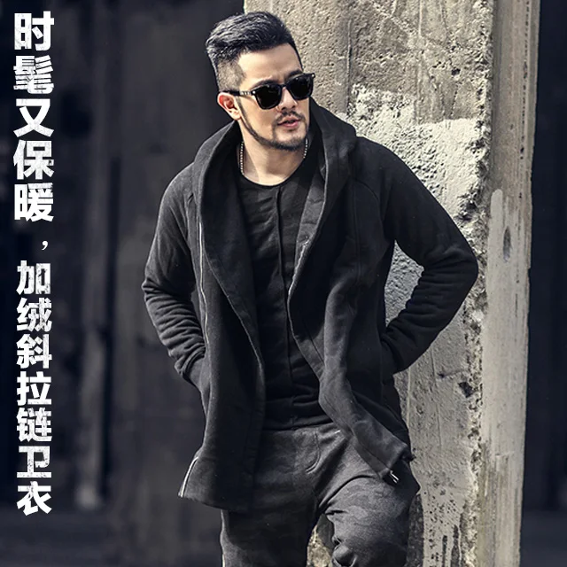 

Postal winter oblique zipper men's cardigan hooded sweater jacket men's inner Fleece Jacket Black f6012