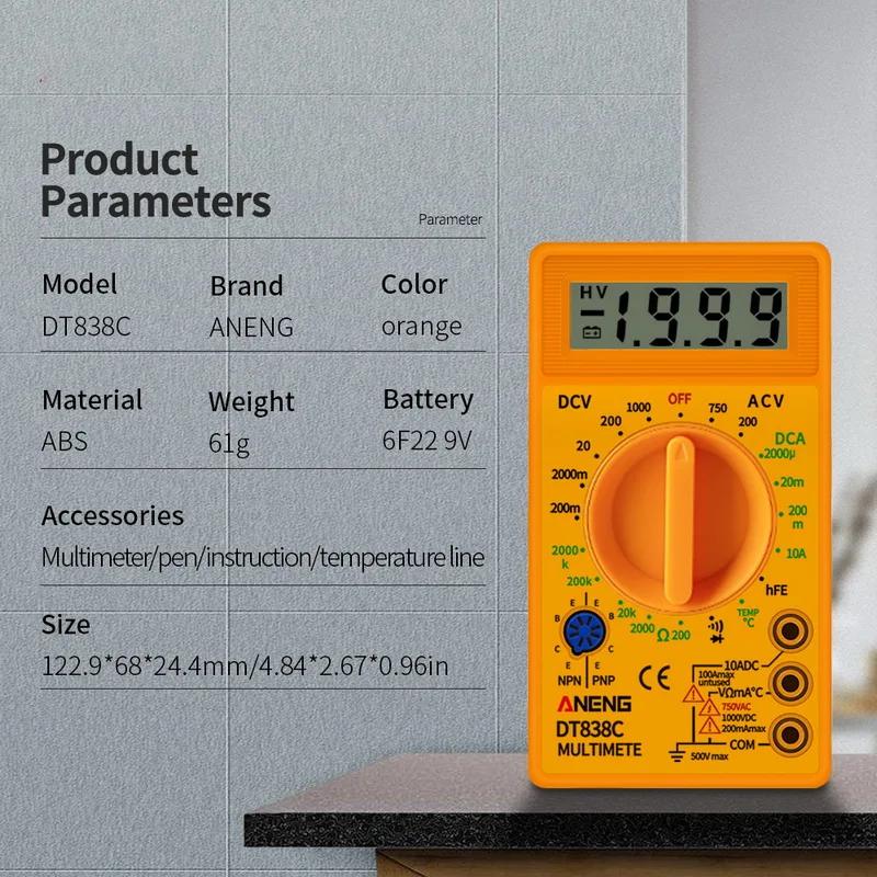 Желтый Вольтметр Омметр амперметр с ЖК дисплеем мультиметр ручной тестер DT830B