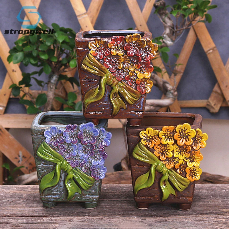 

Strongwell Home Garden Potted Ceramic Hand-painted Relief Succulent Flower Pots Stoneware Breathable Creative Green Plant Potted