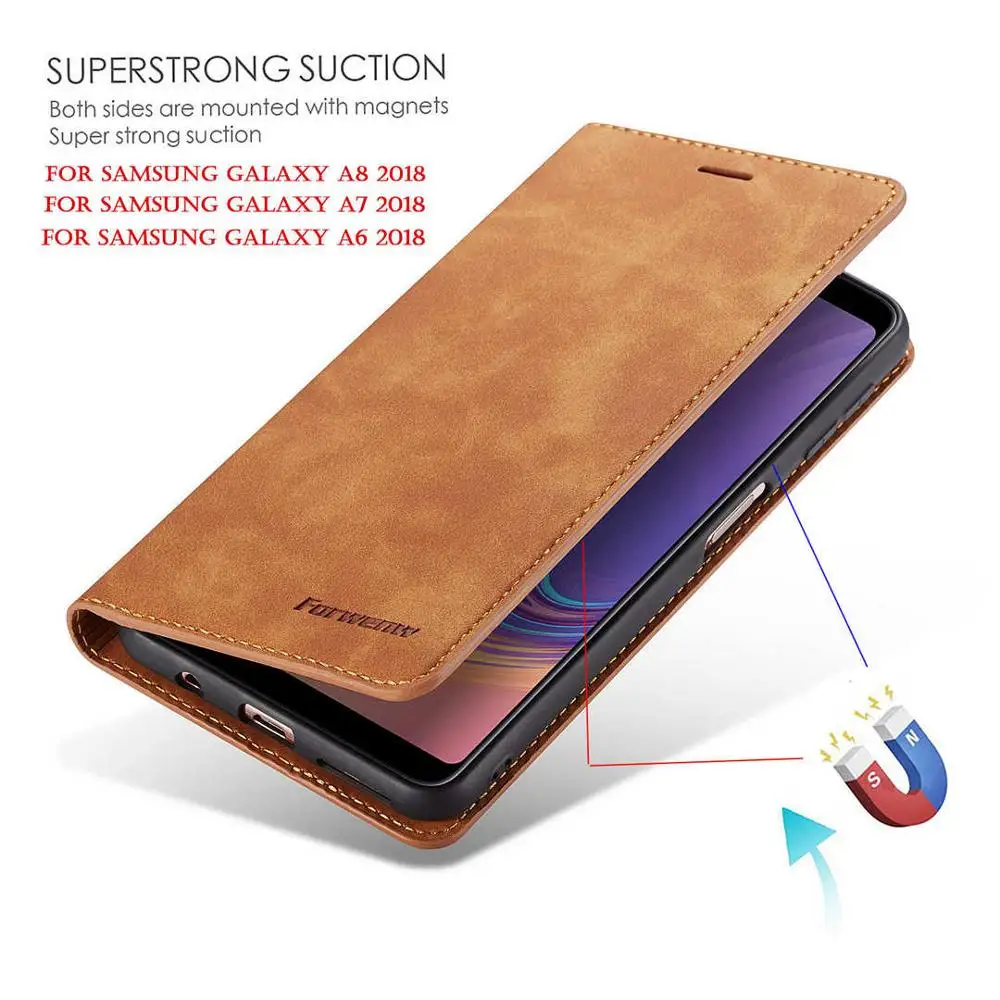 Magnetic Flip Leather Phone Case For Samsung Galaxy A7 2018 A750 A8 2018 A530 A6 2018 Wallet Card Holder Back Cover Coque Fundas