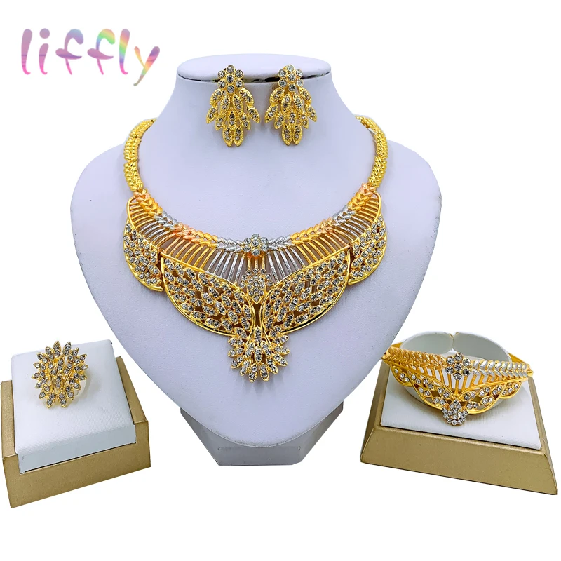 

Liffly African Wedding Bridal Jewelry Luxury Dubai Gold Jewelry Sets for Women Necklace Bracelet Ring Stud Earrings Set