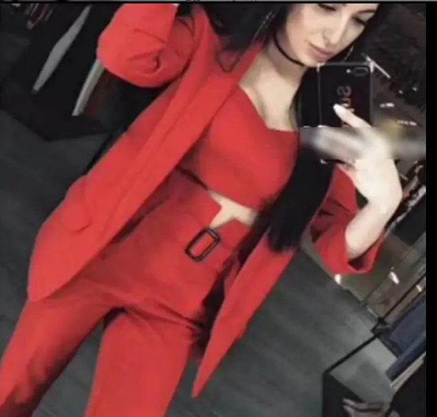 Женский шерстяной костюм с поясом красный и черный длинным рукавом повседневный