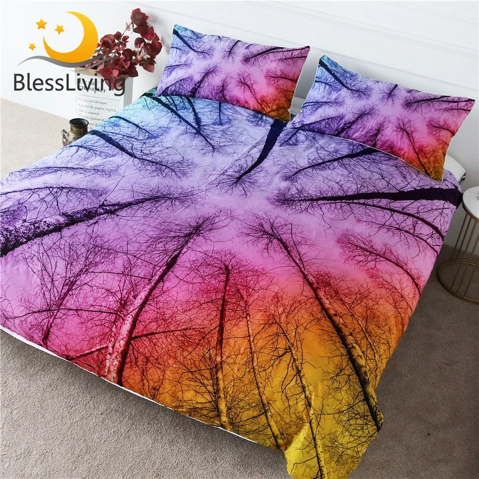 

BlessLiving Forest Bedding Set 3 Piece Woodland Tree Bole Duvet Cover Rainbow Colorful Sky Bed Set Natural Beauty Bedspreads