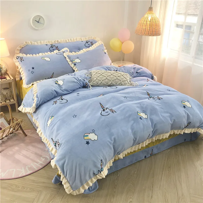 

Brief Style Milk Velvet Cartoon Warm Ruffles 4pcs Duvet Cover Pillowcase Bedspread Bed Set Queen Unicorn Cherry Carrot Orange