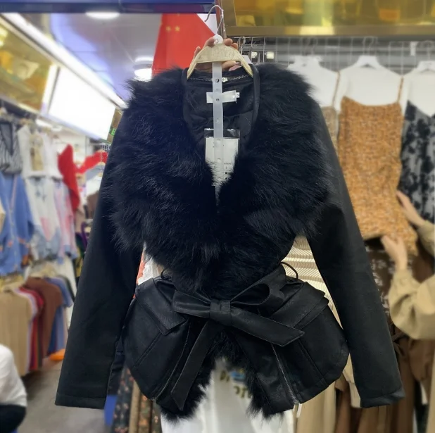 

Thick Leather Cotton-Padded Coat Women's Winter Slim-Fit Real Natural Fox Fur Jacket Leather Jacket with Belt Lady Top