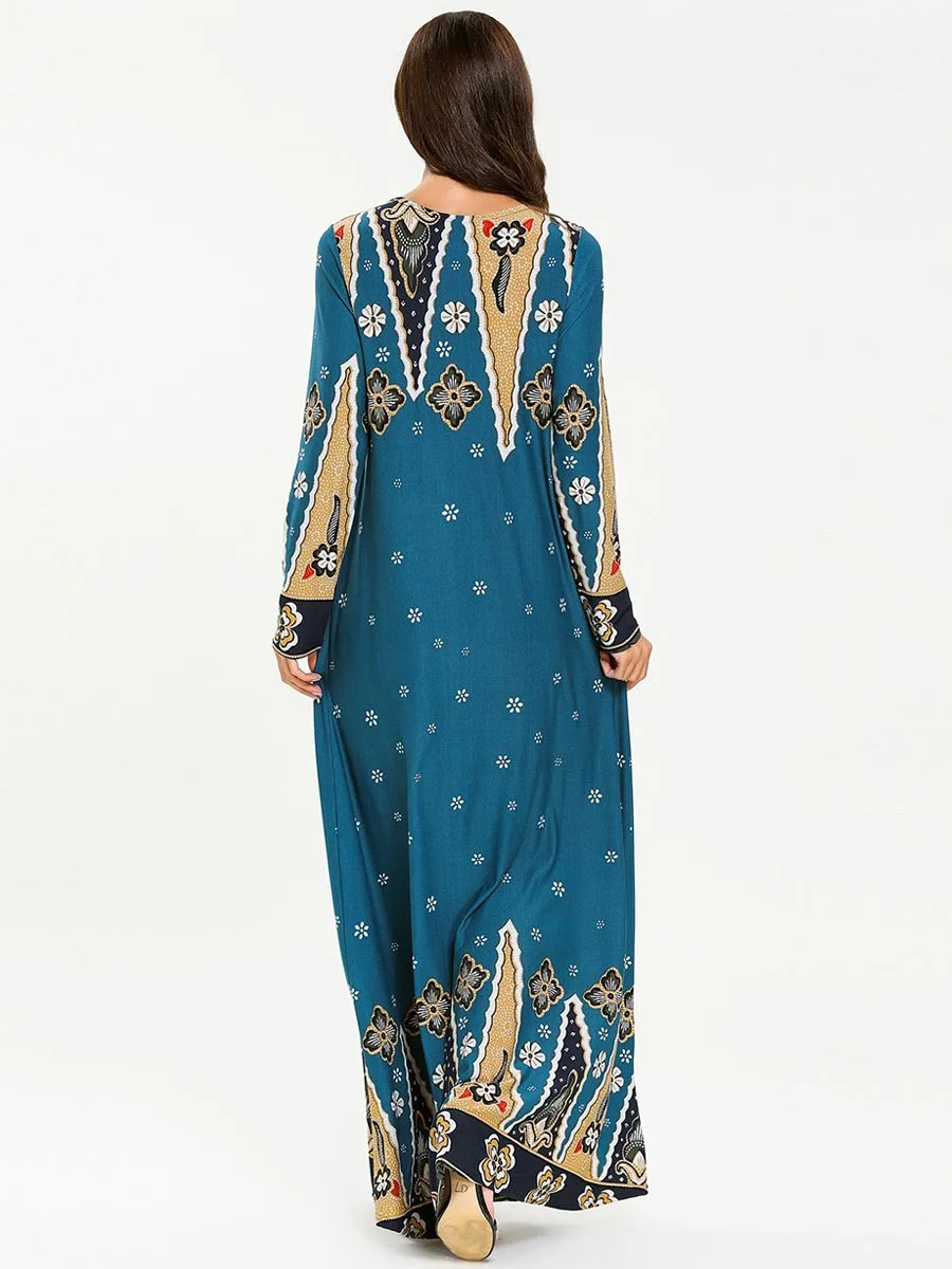 Plus Size Women Arab Muslim Dress Islamic Clothing Print Floral Big Swing Maxi Abaya Dresses Dubai Kimono Musulman Robe |