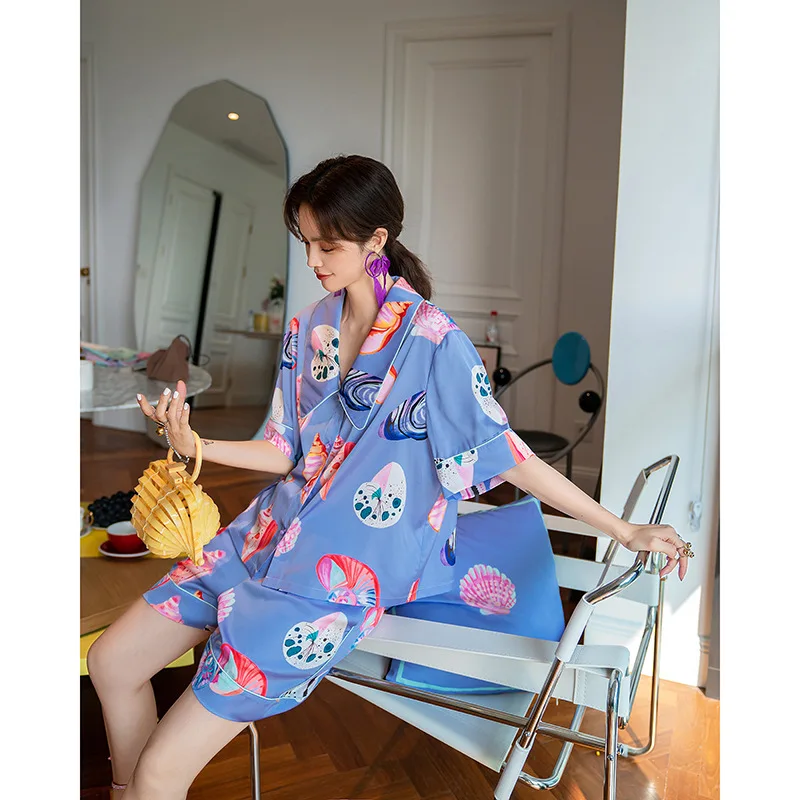 

Новинка 2021, Летний Шелковый Атласный пижамный комплект с принтом, домашняя одежда, одежда для сна для женщин, свободная пижама из 2 предметов...