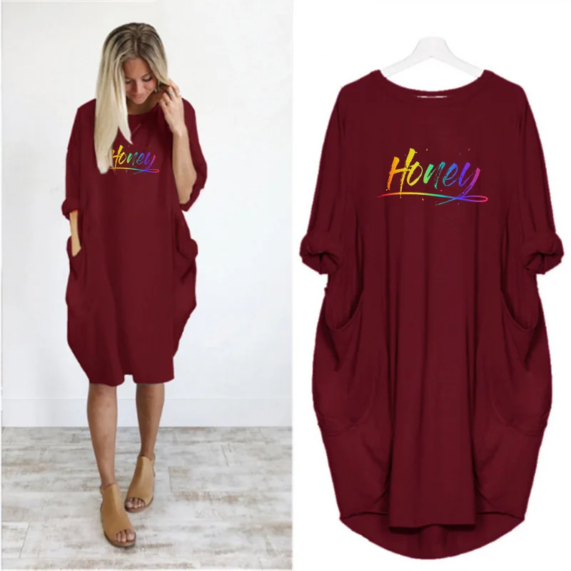 

Women Loose Dress Rainbow Letter Print Autumn Long Sleeve O Neck Pocket Plus Size Casual Fashion Streetwear Party Vestidos Robe