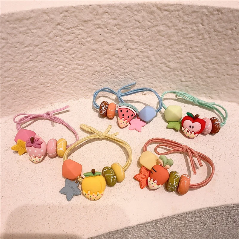 

2021 New Children's Simple Cute Colorful Fruit Stars Rubber Band Hair Rope Korean Sweet Girl Princess Hair Accessories